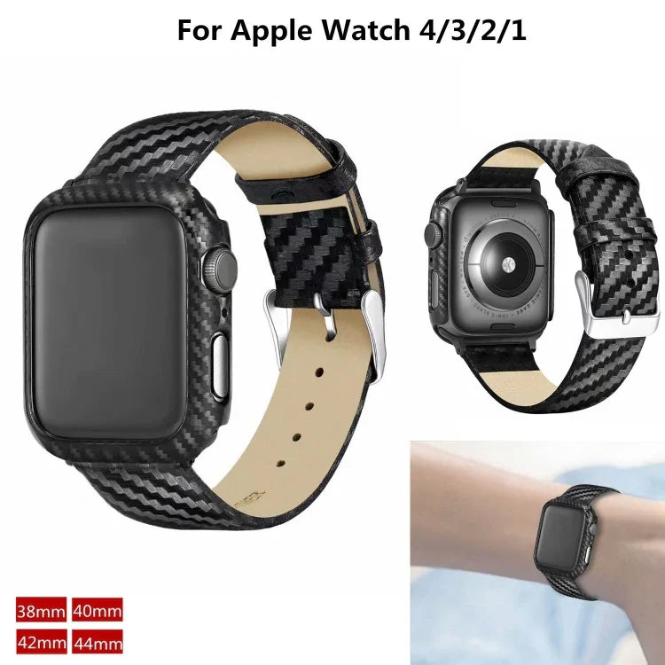 Bracelet et cadre en fibre de carbone en cuir véritable pour Apple Watch Series 3 & 2 & 1 38mm, Apple Watch Series 3 & 2 & 1 38mm