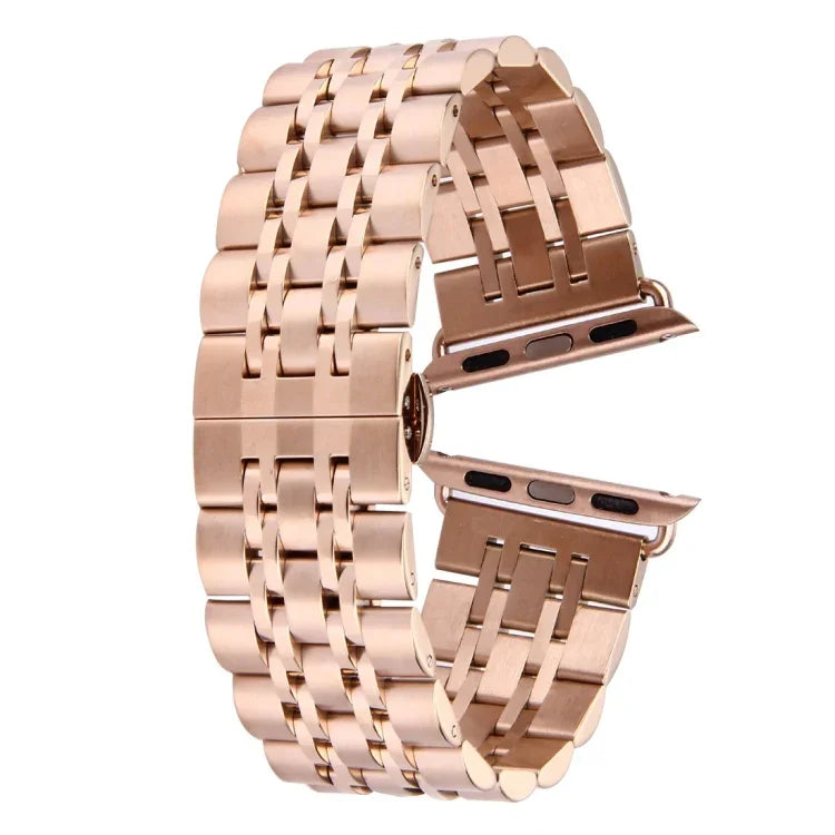 Bracelet de montre en acier inoxydable 7 perles avec boucle papillon cachée pour Apple Watch 42mm (argent et or), 20mm femme