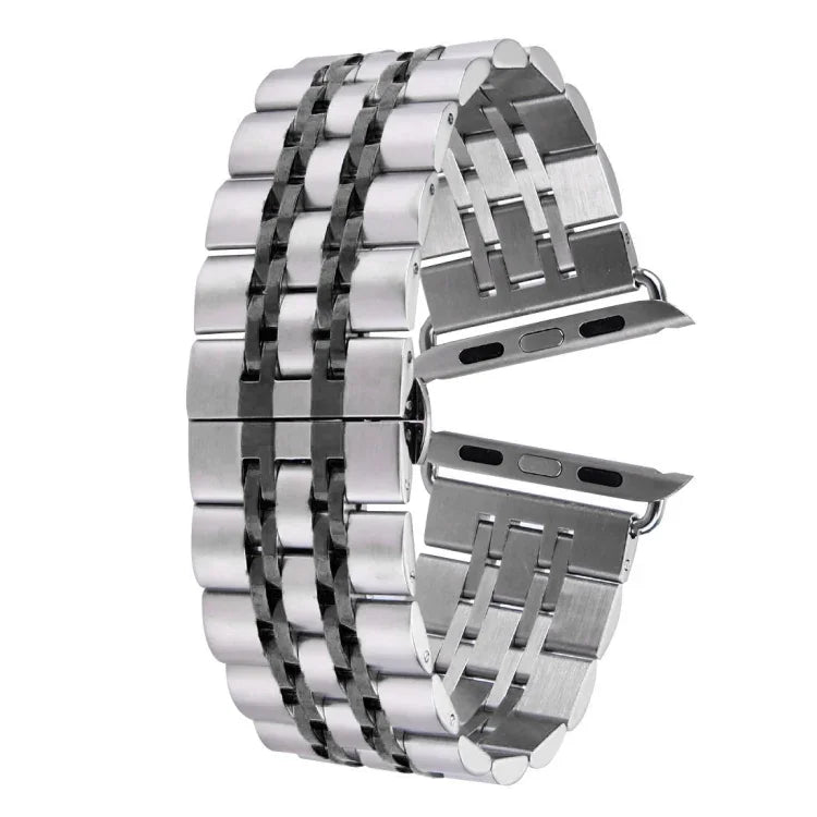 Bracelet de montre en acier inoxydable 7 perles avec boucle papillon cachée pour Apple Watch 42mm (argent et or), 20mm femme