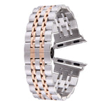 Bracelet de montre en acier inoxydable 7 perles avec boucle papillon cachée pour Apple Watch 42mm (argent et or), 20mm femme