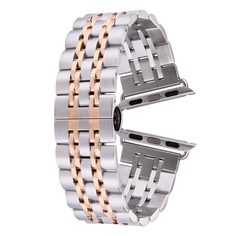 Bracelet de montre en acier inoxydable 7 perles avec boucle papillon cachée pour Apple Watch 42mm (argent et or), 20mm femme