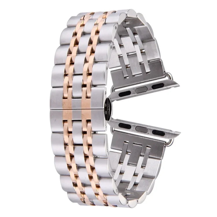 Bracelet de montre en acier inoxydable 7 perles avec boucle papillon cachée pour Apple Watch 42mm (argent et or), 20mm femme