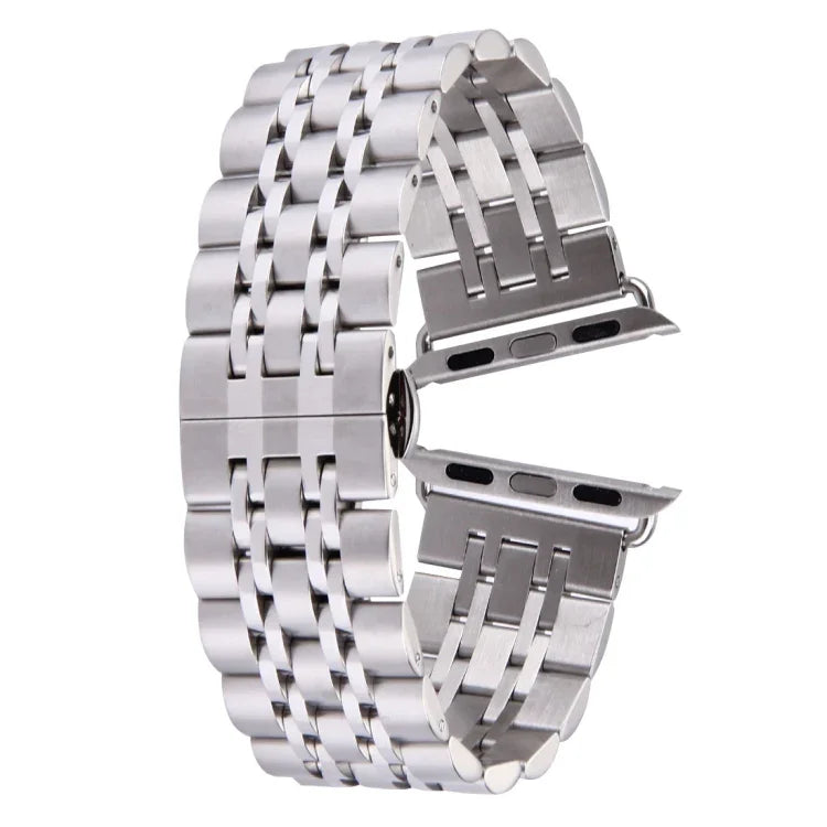 Bracelet de montre en acier inoxydable 7 perles avec boucle papillon cachée pour Apple Watch 42mm (argent et or), 20mm femme