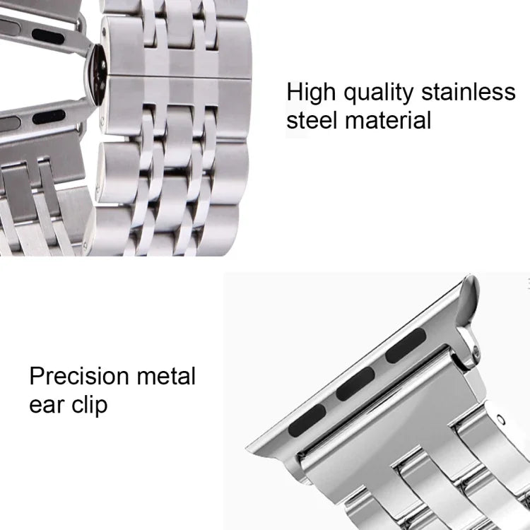 Bracelet de montre en acier inoxydable 7 perles avec boucle papillon cachée pour Apple Watch 42mm (argent et or), 20mm femme