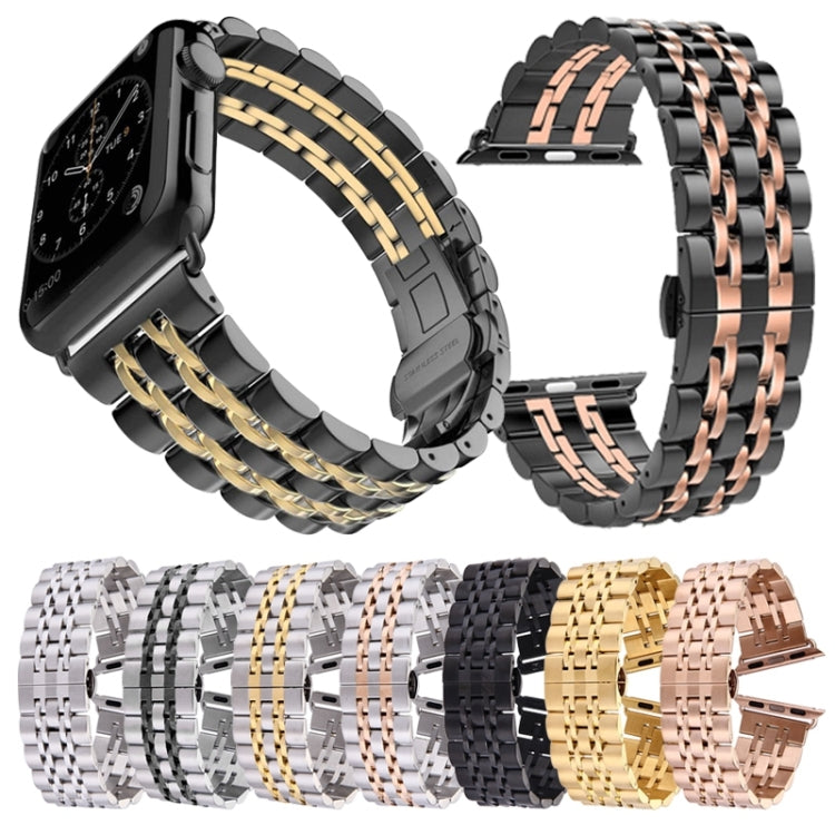 Bracelet de montre en acier inoxydable 7 perles avec boucle papillon cachée pour Apple Watch 42mm (argent et or), 20mm femme