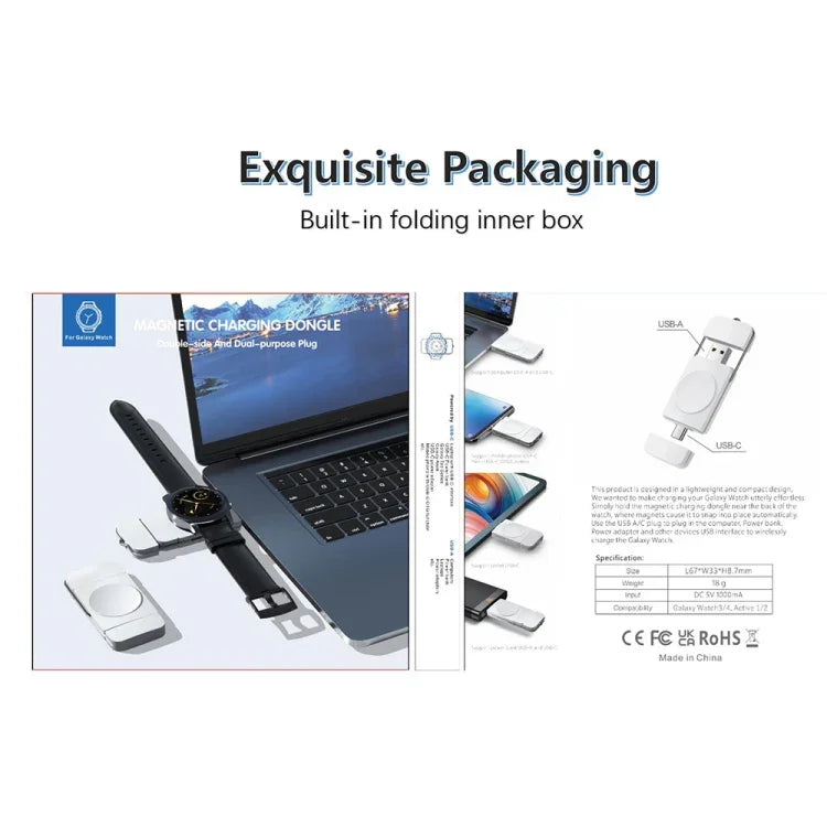 Chargeur sans fil magnétique U8S USB/Type-C, charge rapide pour Samsung Watch 3/4, 4 Classic, Active 1/2