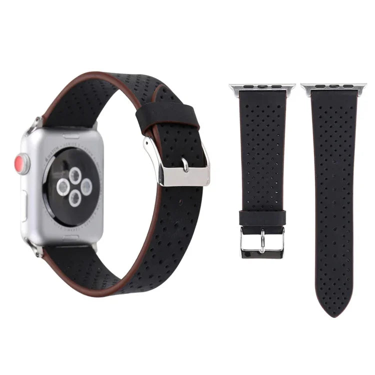 Pour Apple Watch Series 10 42mm / 9&8&7 41mm / SE 3&SE 2&6&SE&5&4 40mm / 3&2&1 38mm Bracelet de montre en cuir véritable simple et tendance avec motif perforé, 38mm