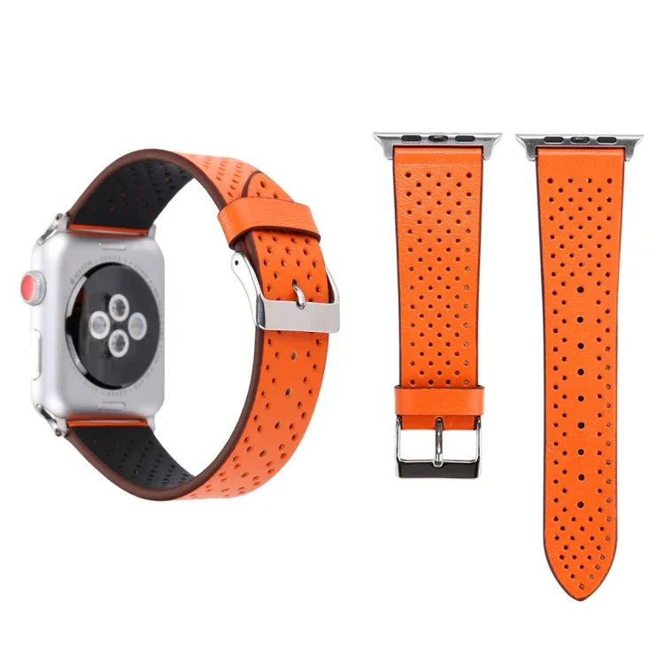 Pour Apple Watch Series 10 42mm / 9&8&7 41mm / SE 3&SE 2&6&SE&5&4 40mm / 3&2&1 38mm Bracelet de montre en cuir véritable simple et tendance avec motif perforé, 38mm