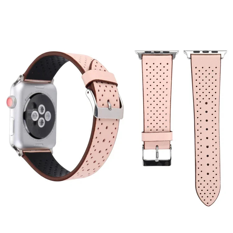 Pour Apple Watch Series 10 42mm / 9&8&7 41mm / SE 3&SE 2&6&SE&5&4 40mm / 3&2&1 38mm Bracelet de montre en cuir véritable simple et tendance avec motif perforé, 38mm
