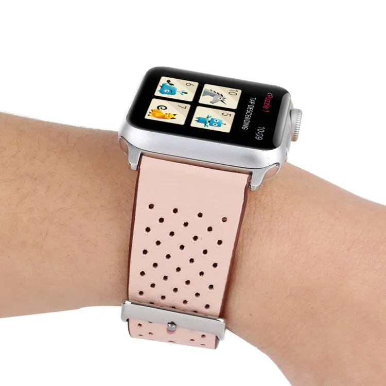Pour Apple Watch Series 10 42mm / 9&8&7 41mm / SE 3&SE 2&6&SE&5&4 40mm / 3&2&1 38mm Bracelet de montre en cuir véritable simple et tendance avec motif perforé, 38mm