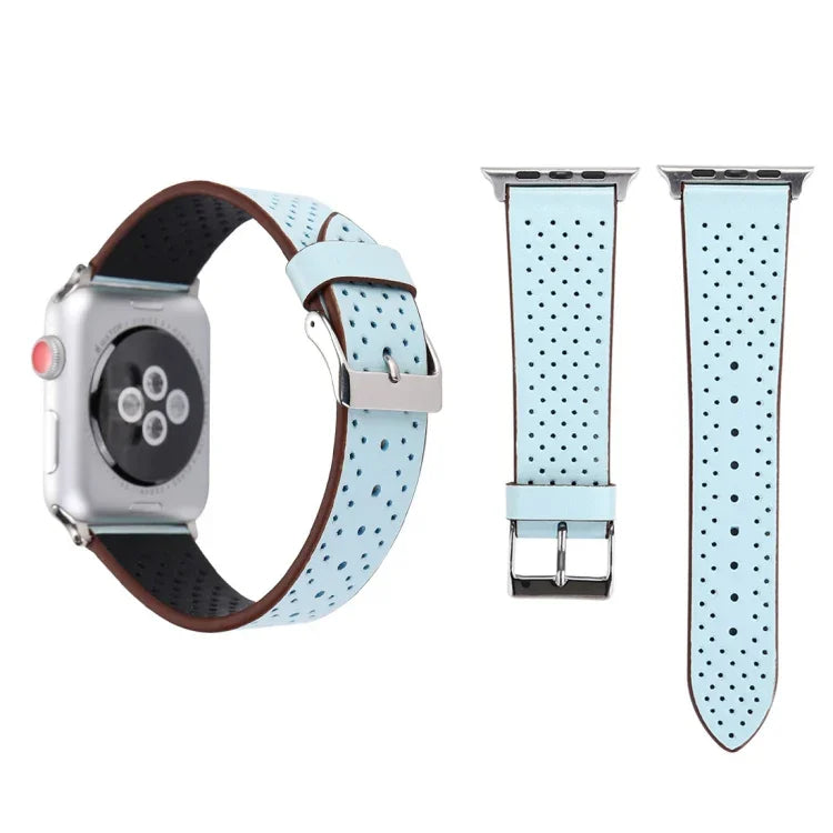 Pour Apple Watch Series 10 42mm / 9&8&7 41mm / SE 3&SE 2&6&SE&5&4 40mm / 3&2&1 38mm Bracelet de montre en cuir véritable simple et tendance avec motif perforé, 38mm
