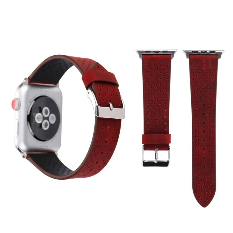 Pour Apple Watch Series 10 42mm / 9&8&7 41mm / SE 3&SE 2&6&SE&5&4 40mm / 3&2&1 38mm Bracelet de montre en cuir véritable simple et tendance avec motif perforé, 38mm