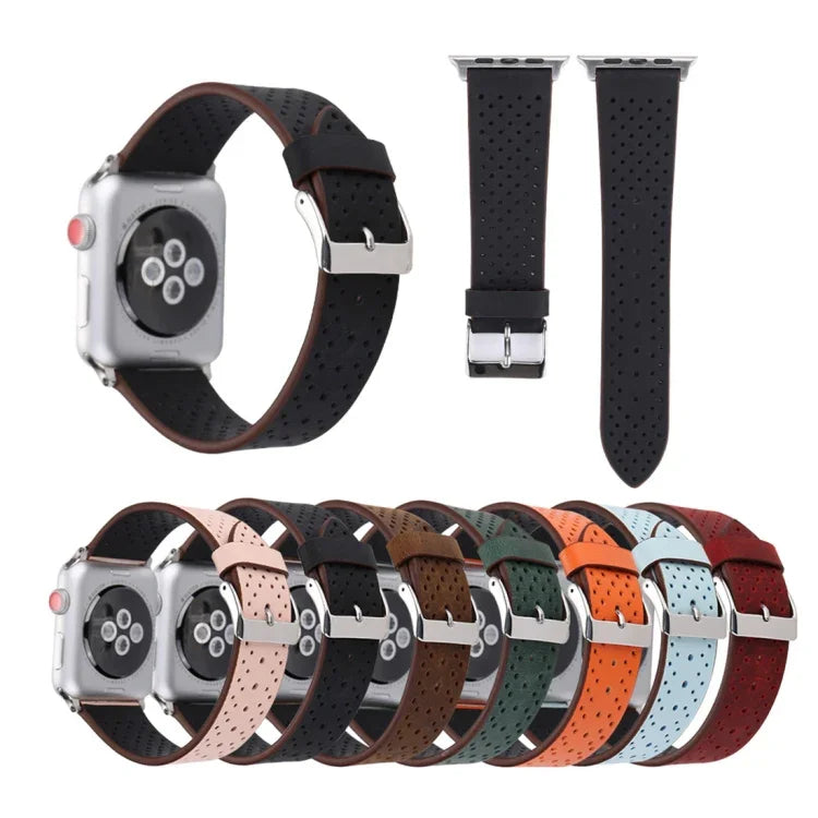 Pour Apple Watch Series 10 42mm / 9&8&7 41mm / SE 3&SE 2&6&SE&5&4 40mm / 3&2&1 38mm Bracelet de montre en cuir véritable simple et tendance avec motif perforé, 38mm