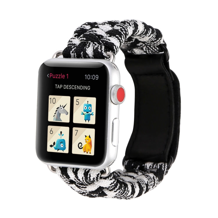 Bracelet de montre en nylon avec corde de parapluie en cuir véritable et boucle en acier inoxydable, compatible avec les Apple Watch Series 10 42 mm / 9&8&7 41 mm / SE 3&SE 2&6&SE&5&4 40 mm / 3&2&1 38 mm, 7 41 mm / 6&SE&5&4 40 mm / 3&2&1 38 mm