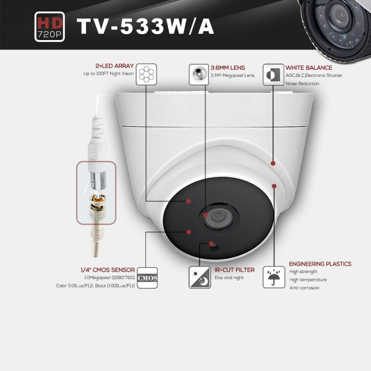 Caméra AHD étanche 533A avec objectif 3 MP 3,6 mm, certifiée CE et RoHS, avec 2 matrices LED IR, prenant en charge la vision nocturne et la balance des blancs, 533A-H2, 533A-W, 533A-L