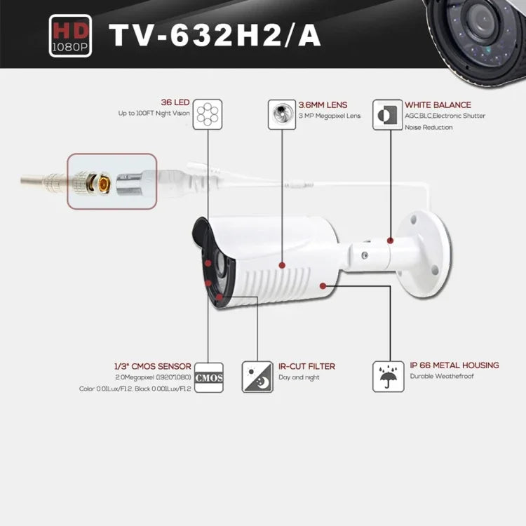 632A-H2 Caméra AHD étanche avec objectif 3,6 mm 5 MP, certifiée CE et RoHS, avec 36 LED IR, prend en charge la vision nocturne et la balance des blancs, 632A-H2, 632A-W, 632A-L