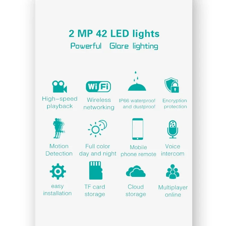 Caméra intelligente DP16 2.0 Mégapixels 42 LEDs pour éclairage de jardin, avec détection de mouvement / vision nocturne / interphone vocal / carte TF, prise AU, DP16