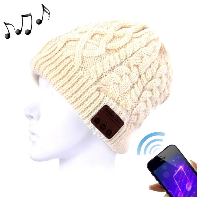 Bonnet d'hiver chaud en maille texturée ondulée avec micro et oreillette Bluetooth intégrée pour garçon, fille et adulte