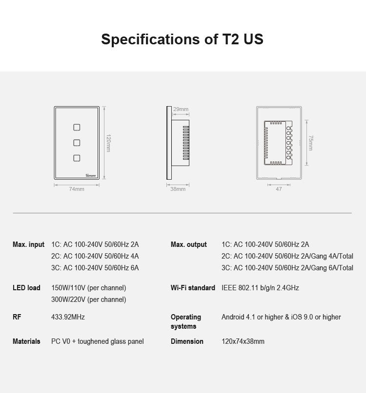 Interrupteur mural tactile Sonoff T2 120mm en verre trempé, interrupteur lumière domotique, compatible Alexa et Google Home, AC 100V-240V, prise US, 120mm / 3 prises US
