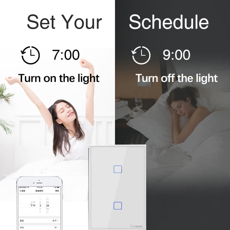 Interrupteur mural tactile Sonoff T2 120mm en verre trempé, interrupteur lumière domotique, compatible Alexa et Google Home, AC 100V-240V, prise US, 120mm / 3 prises US
