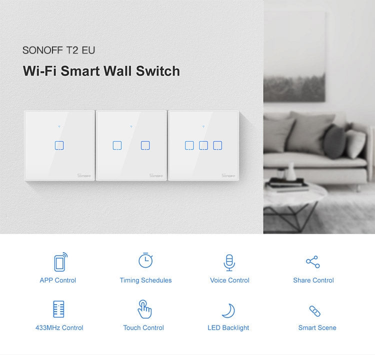Interrupteur mural tactile Sonoff T2 86mm en verre trempé, interrupteur tactile pour maison intelligente, compatible Alexa et Google Home, AC 100V-240V, prise EU, 86mm / 2 prise EU