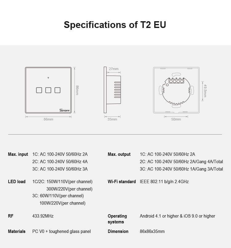 Interrupteur mural tactile Sonoff T2 86mm en verre trempé, interrupteur tactile pour maison intelligente, compatible Alexa et Google Home, AC 100V-240V, prise EU, 86mm / 2 prise EU