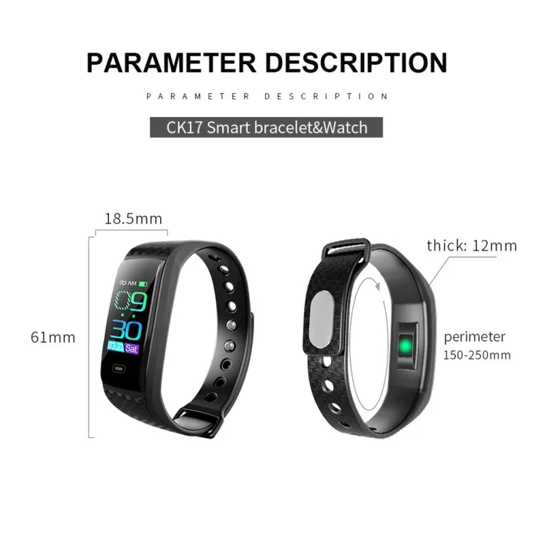 Bracelet connecté CK17S avec écran IPS de 0,96 pouce, étanche IP67, avec rappel d'appel, surveillance de la fréquence cardiaque, de la pression artérielle et du sommeil.
