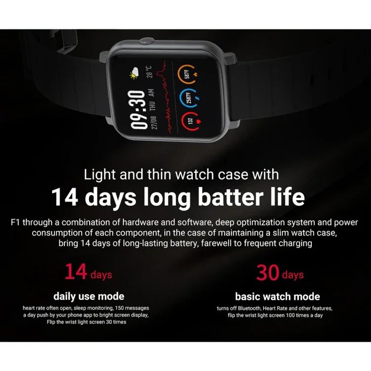 Montre de sport connectée SMA-F1 avec écran tactile TFT de 1,3 pouce, étanche IP68, prise en charge de la fréquence cardiaque dynamique, de la tension artérielle et de la détection du sommeil / Bluetooth / réveil / contrôle photo, SMA-F1
