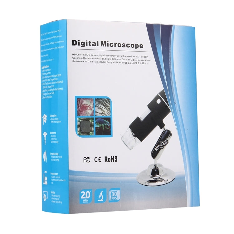 Microscope numérique USB avec capteur d'image 0,3 MP et grossissement 1000X, 8 LED et support professionnel, 1000X