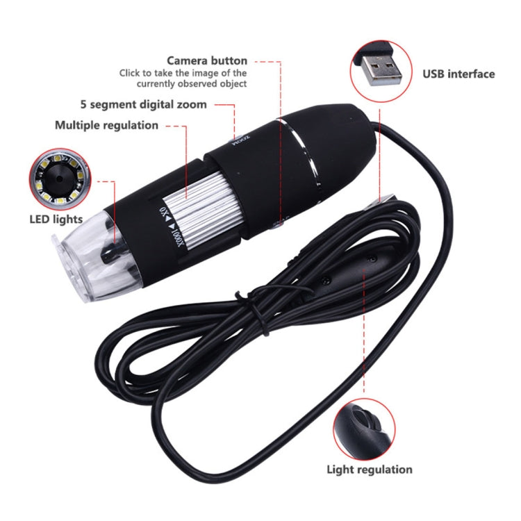 Microscope numérique USB avec capteur d'image 0,3 MP et grossissement 1000X, 8 LED et support professionnel, 1000X