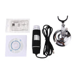 Microscope numérique USB avec capteur d'image 0,3 MP et grossissement 1000X, 8 LED et support professionnel, 1000X