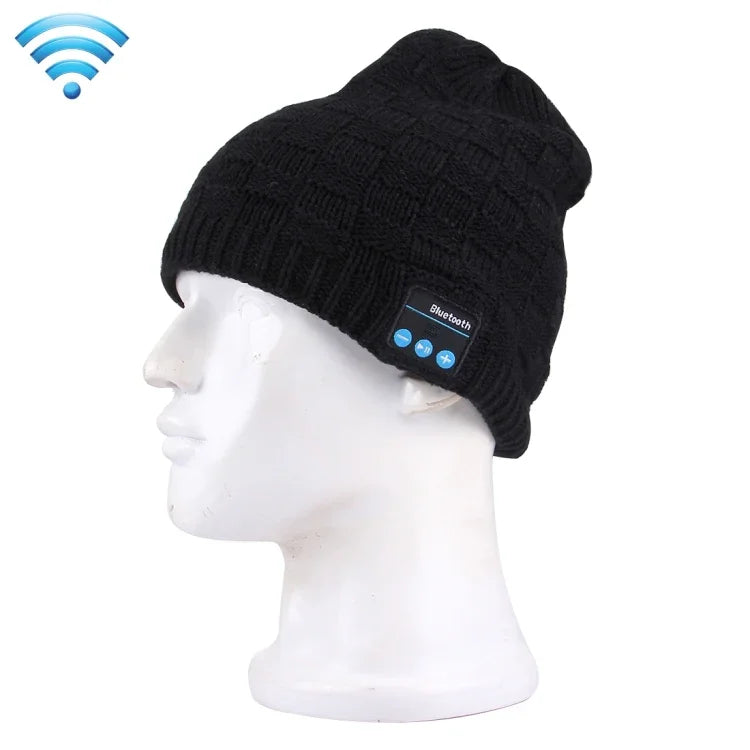 Bonnet d'hiver chaud en maille texturée carrée avec micro et oreillette Bluetooth pour garçon, fille et adulte
