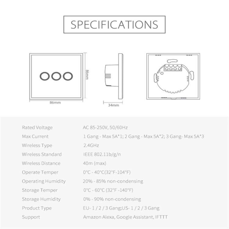 Interrupteur de contrôle d’éclairage intelligent WiFi sans fil NEO NAS-SC03W EU 3 voies, 3 voies