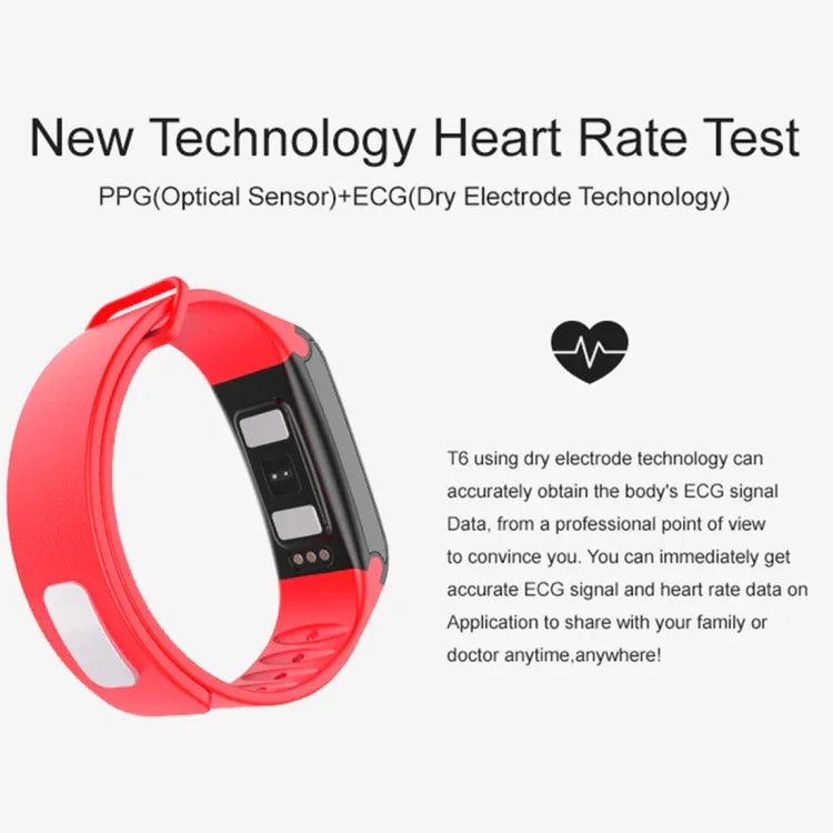 TLW T6 Bracelet connecté avec écran OLED de 0,96 pouce, prise en charge des modes sportifs / ECG / Moniteur de fréquence cardiaque / Tensiomètre / Moniteur de sommeil, T6 Noir, T6 Bleu, T6 Rouge