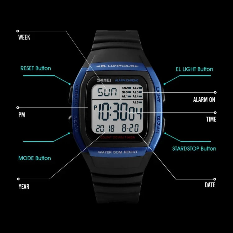 SKMEI 1278 Montre numérique étanche 50m à la mode pour extérieur Montre-bracelet sportive étudiante Supporte 5 groupes de réveils (Titane), SKMEI 1278