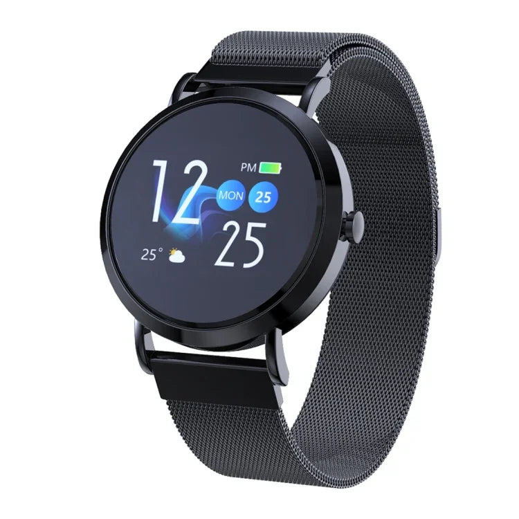 Montre connectée CV08C avec écran couleur TFT 1 pouce, bracelet en acier, compatible avec les notifications d'appels, le suivi de la fréquence cardiaque, de la pression artérielle, du sommeil et de la saturation en oxygène.