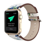 Bracelet de montre en cuir pour Apple Watch Ultra 49 mm et Ultra 2 49 mm / Series 10 46 mm / 9, 8 et 7 45 mm / SE 3, SE 2, 6, SE, 5 et 4 44 mm / 3, 2 et 1 42 mm, style champêtre, motif floral discret.