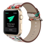 Bracelet de montre en cuir pour Apple Watch Ultra 49 mm et Ultra 2 49 mm / Series 10 46 mm / 9, 8 et 7 45 mm / SE 3, SE 2, 6, SE, 5 et 4 44 mm / 3, 2 et 1 42 mm, style champêtre, motif floral discret.