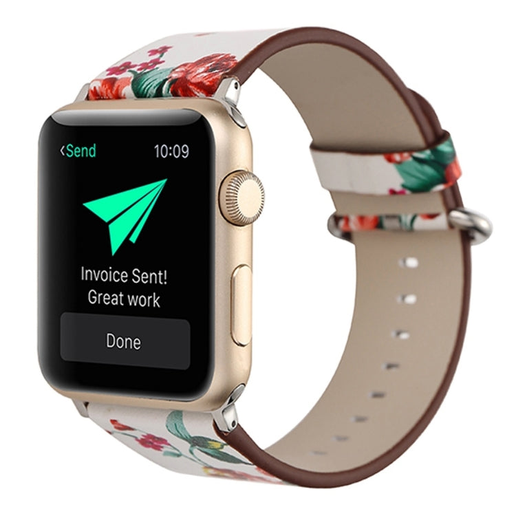 Bracelet de montre en cuir pour Apple Watch Ultra 49 mm et Ultra 2 49 mm / Series 10 46 mm / 9, 8 et 7 45 mm / SE 3, SE 2, 6, SE, 5 et 4 44 mm / 3, 2 et 1 42 mm, style champêtre, motif floral discret.