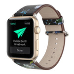 Bracelet de montre en cuir pour Apple Watch Ultra 49 mm et Ultra 2 49 mm / Series 10 46 mm / 9, 8 et 7 45 mm / SE 3, SE 2, 6, SE, 5 et 4 44 mm / 3, 2 et 1 42 mm, style champêtre, motif floral discret.