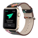 Bracelet de montre en cuir pour Apple Watch Ultra 49 mm et Ultra 2 49 mm / Series 10 46 mm / 9, 8 et 7 45 mm / SE 3, SE 2, 6, SE, 5 et 4 44 mm / 3, 2 et 1 42 mm, style champêtre, motif floral discret.