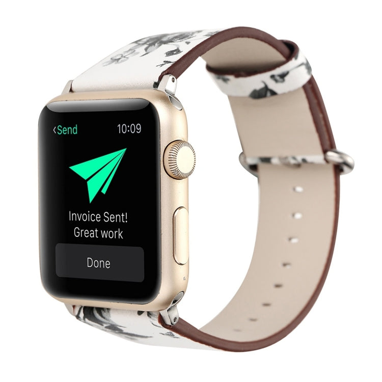 Bracelet de montre en cuir pour Apple Watch Ultra 49 mm et Ultra 2 49 mm / Series 10 46 mm / 9, 8 et 7 45 mm / SE 3, SE 2, 6, SE, 5 et 4 44 mm / 3, 2 et 1 42 mm, style champêtre, motif floral discret.