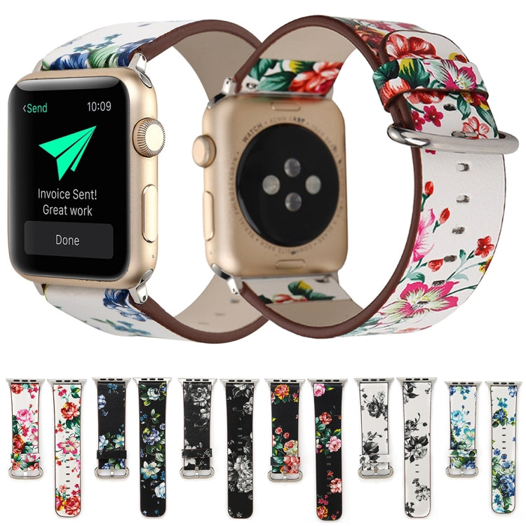 Bracelet de montre en cuir pour Apple Watch Ultra 49 mm et Ultra 2 49 mm / Series 10 46 mm / 9, 8 et 7 45 mm / SE 3, SE 2, 6, SE, 5 et 4 44 mm / 3, 2 et 1 42 mm, style champêtre, motif floral discret.