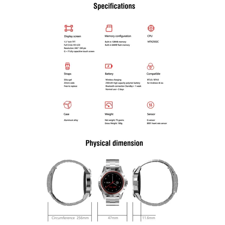 Montre connectée N6, écran TFT 1,3 pouce, processeur MTK2502C, Bluetooth 4.0, bracelet en acier inoxydable, compatible avec le moniteur de fréquence cardiaque, le podomètre, le suivi du sommeil et le rappel d'activité.