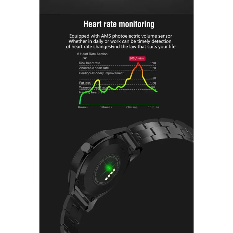 Montre connectée N6, écran TFT 1,3 pouce, processeur MTK2502C, Bluetooth 4.0, bracelet en acier inoxydable, compatible avec le moniteur de fréquence cardiaque, le podomètre, le suivi du sommeil et le rappel d'activité.