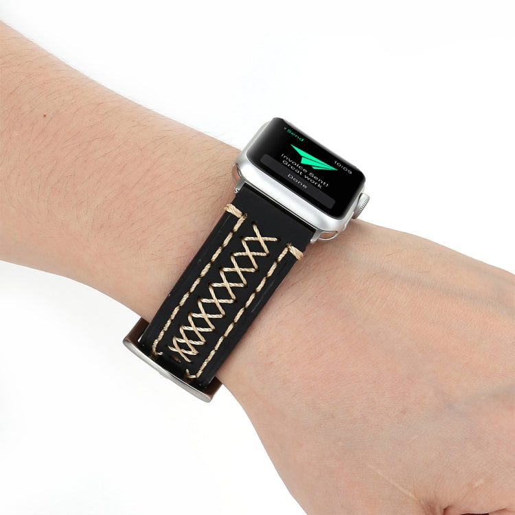 Pour bracelet de montre en cuir véritable à motif de lignes manuelles pour Apple Watch Series 10 42 mm / 9&8&7 41 mm / SE 3&SE 2&6&SE&5&4 40 mm / 3&2&1 38 mm, pour 38 mm