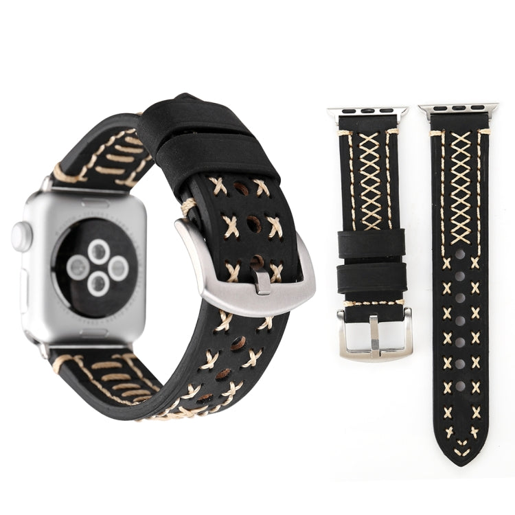 Pour Apple Watch Ultra 49mm&Watch Ultra 2 49mm / Series 10 46mm / 9&8&7 45mm / SE 3&SE 2&6&SE&5&4 44mm / 3&2&1 42mm Bracelet de montre en cuir véritable avec motif ligne manuelle, Pour 42mm