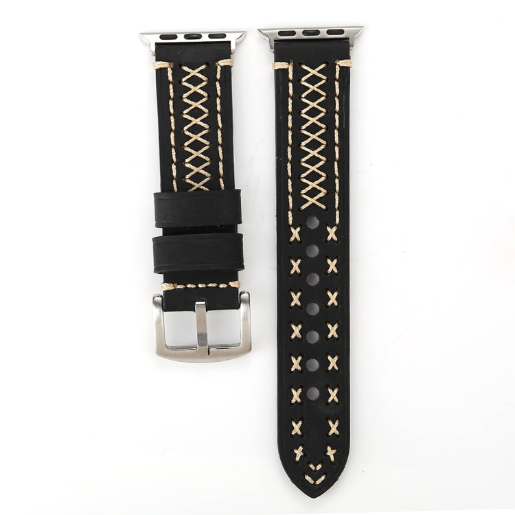 Pour Apple Watch Ultra 49mm&Watch Ultra 2 49mm / Series 10 46mm / 9&8&7 45mm / SE 3&SE 2&6&SE&5&4 44mm / 3&2&1 42mm Bracelet de montre en cuir véritable avec motif ligne manuelle, Pour 42mm