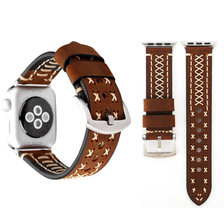 Pour Apple Watch Ultra 49mm&Watch Ultra 2 49mm / Series 10 46mm / 9&8&7 45mm / SE 3&SE 2&6&SE&5&4 44mm / 3&2&1 42mm Bracelet de montre en cuir véritable avec motif ligne manuelle, Pour 42mm
