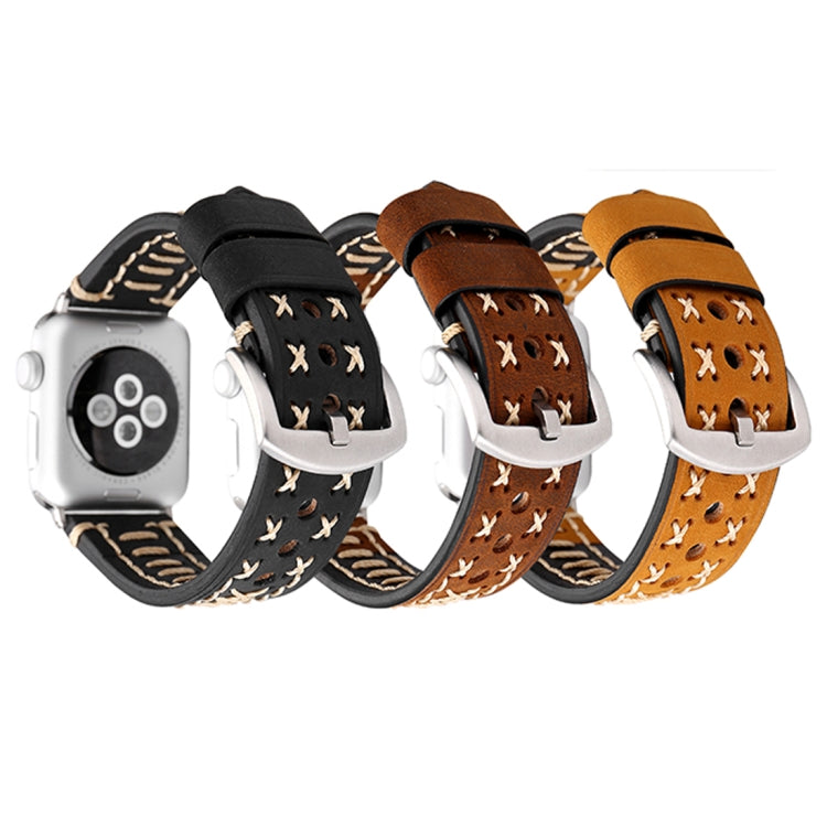 Pour Apple Watch Ultra 49mm&Watch Ultra 2 49mm / Series 10 46mm / 9&8&7 45mm / SE 3&SE 2&6&SE&5&4 44mm / 3&2&1 42mm Bracelet de montre en cuir véritable avec motif ligne manuelle, Pour 42mm